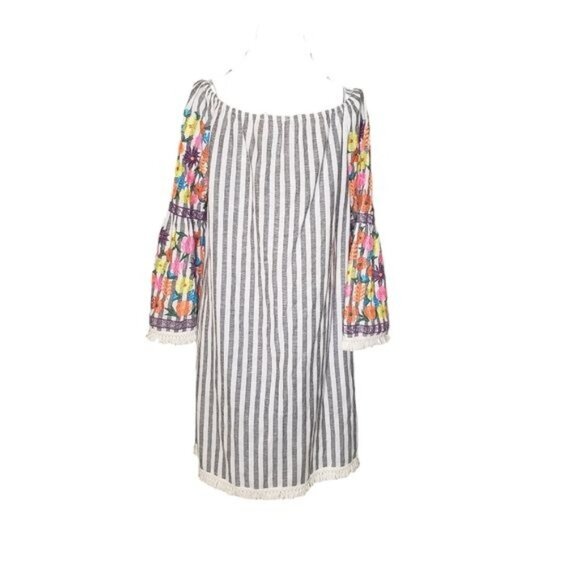Philosophy Embroidered Striped Fringe Trim Ballon Sleeve Shift Dress Size L - Picture 4 of 9
